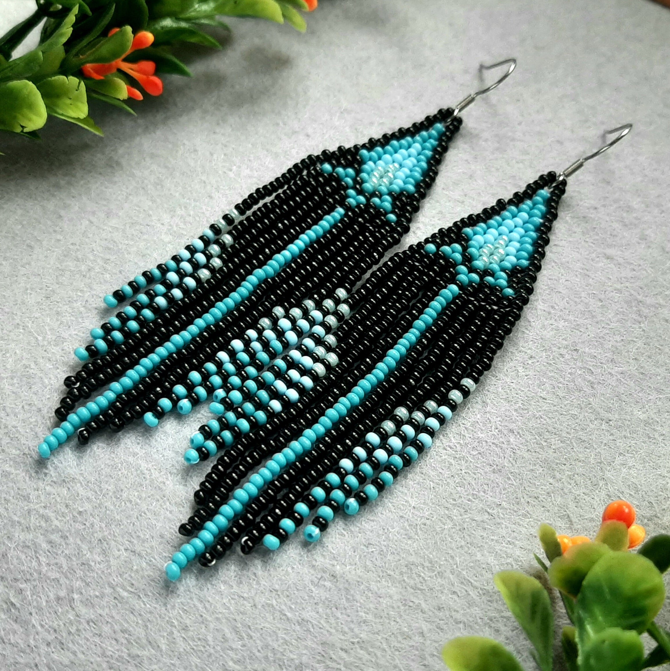 Dangle Seed Bead Earrings Black Turquoise Earrings Boho Fringe Earrings ...