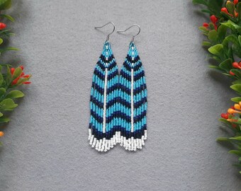 Blue feathers bead earrings, seed bead fringe earrings
