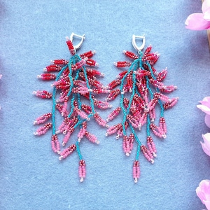 Pink flower earrings Statement fringe earrings Spring dangle seed bead earrings Boho wedding Earrings for women