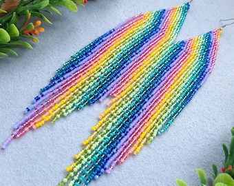 Rainbow earrings Extra long seed bead earrings Statement boho/gypsy earrings Dangle earrings for women LGBTQ pride