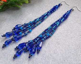 Seed bead fringe earrings Tassel bead earrings Statement boho jewelry Dangle blue earrings