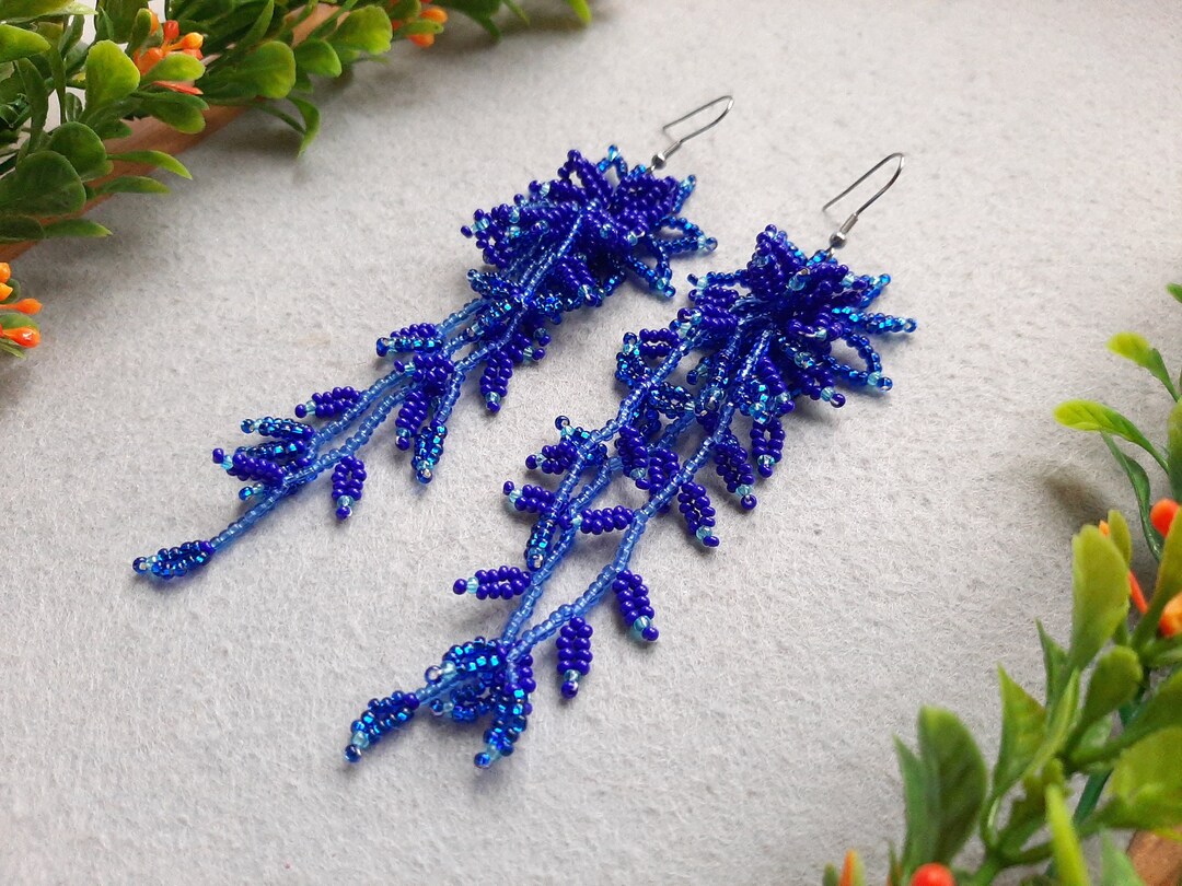 Flower Earrings Seed Bead Fringe Earrings Statement Earrings Blue ...