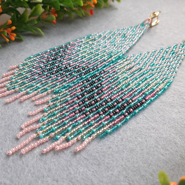 Beaded earrings for women Statement earrings Pink blue boho earrings Long fringe earrings