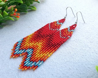 Bead earrings Dangle bohemian earrings Seed bead fringe earrings Red orange gold ombre earrings