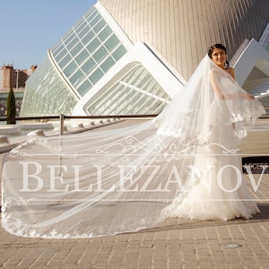 2 tier bridal veil, Cathedral Wedding Veil Lace, Chapel Lace Wedding Veil, long veil wedding, Single Tier Veil, lace wedding veil| - 90164