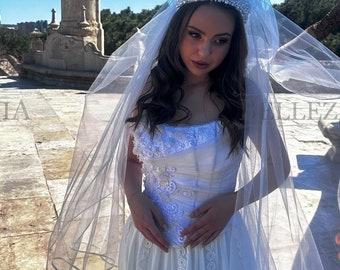 Two Tier Satin Trim Cathedral Veil/Satin Ribbon Cathedral Veil/Cathedral Veil with Blusher/Two Layer Chapel Length Veil/Wedding Veil - 1017