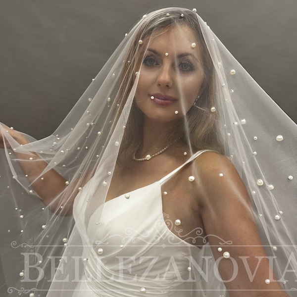 Double layer pearl Wedding veil with blusher Chapel bridal veil with pearls beaded Modern Fingertip Veil Ivory Wedding Two 2 Tier long veil