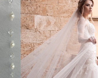 Wedding Veil One tier Bridal pearl veil Cathedral Length Pearl Bridal veil Crystal edge Veil Ivory bridal veil Pearl edge Wedding Veil 0013
