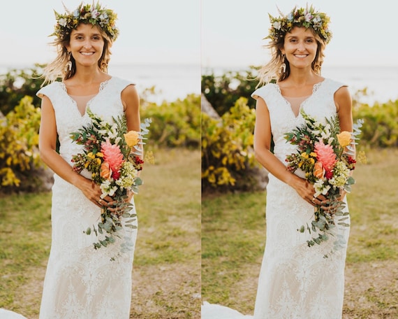 シンプルなウェディングドレス、ボヘミアンウェディングドレス、素朴な  