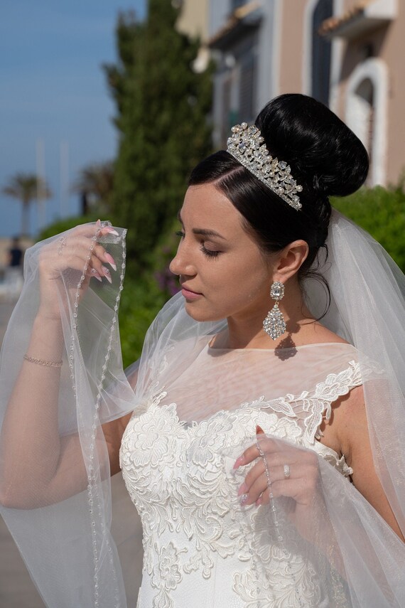 New White Ivory Champagne Elbow Long Wedding Veil Beaded Rhinestone Bridal Veils 