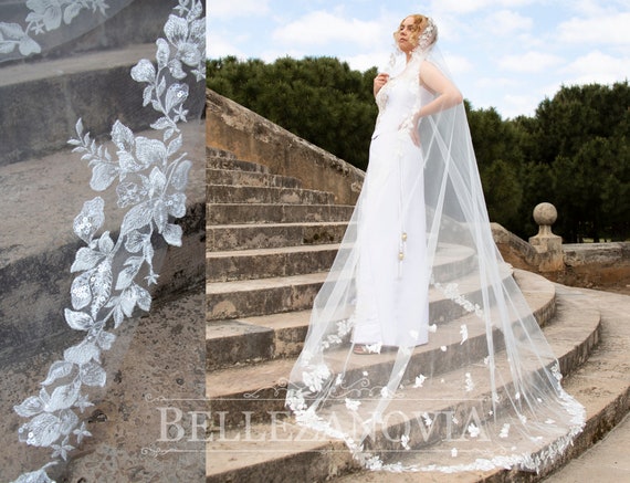 Cathedral Veil with Sequined Lace Appliques