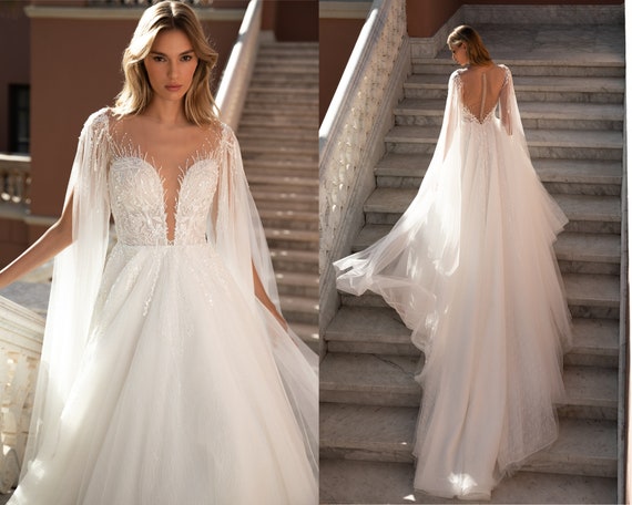 Vestido de novia con cuentas y manga de capa Vestido de novia