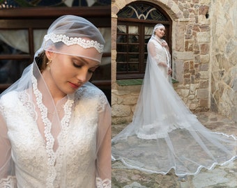 Luxury Lace Veil White Juliet cap with lace, long veil wedding, Wedding Veil Lace Trim, Party VeilDeco Wedding Veil Juliet Cap - 90017.1