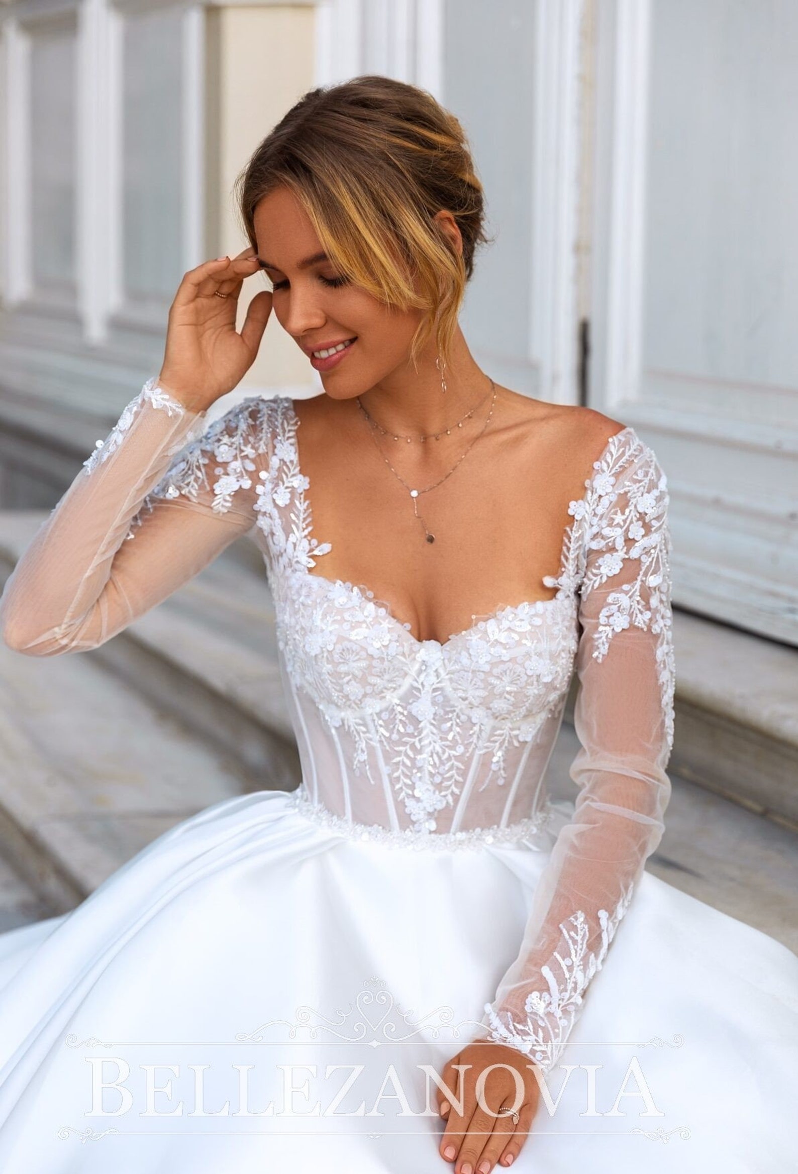 Satin Wedding Dress Long Sleeves Corset Wedding Dress A Line - Etsy
