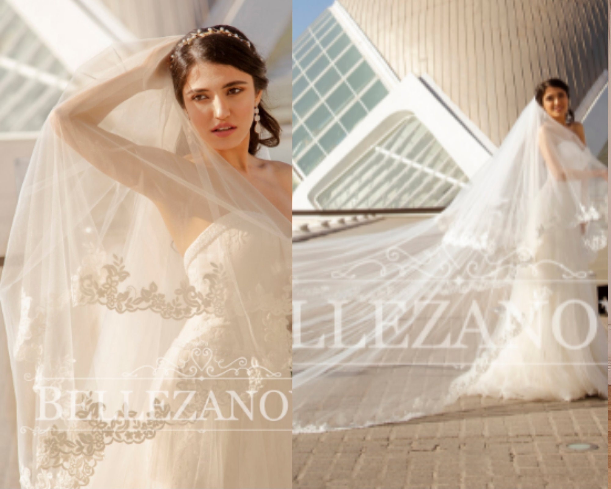 Brinote Sequins Lace Edge Wedding Veils for Brides 2-Tier Short