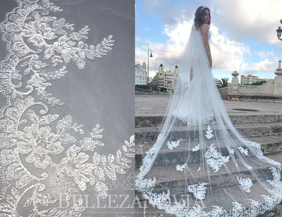 Cathedral Length Lace Applique Wedding Veil - Long Bridal Veil with Metal Comb for Brides