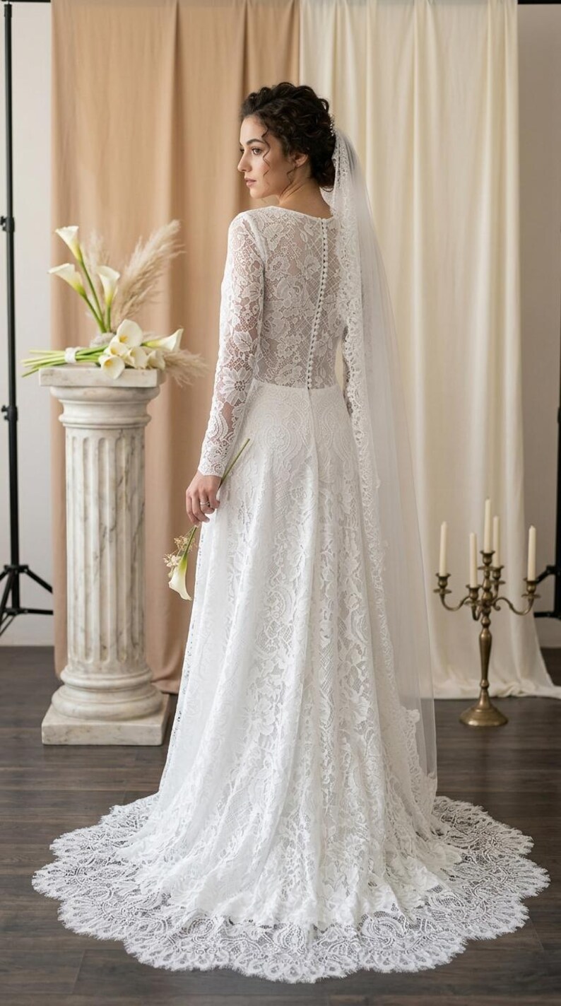 Lace Wedding Dress Long Sleeve Bridal Gown Vintage Style Sheath Wedding ...
