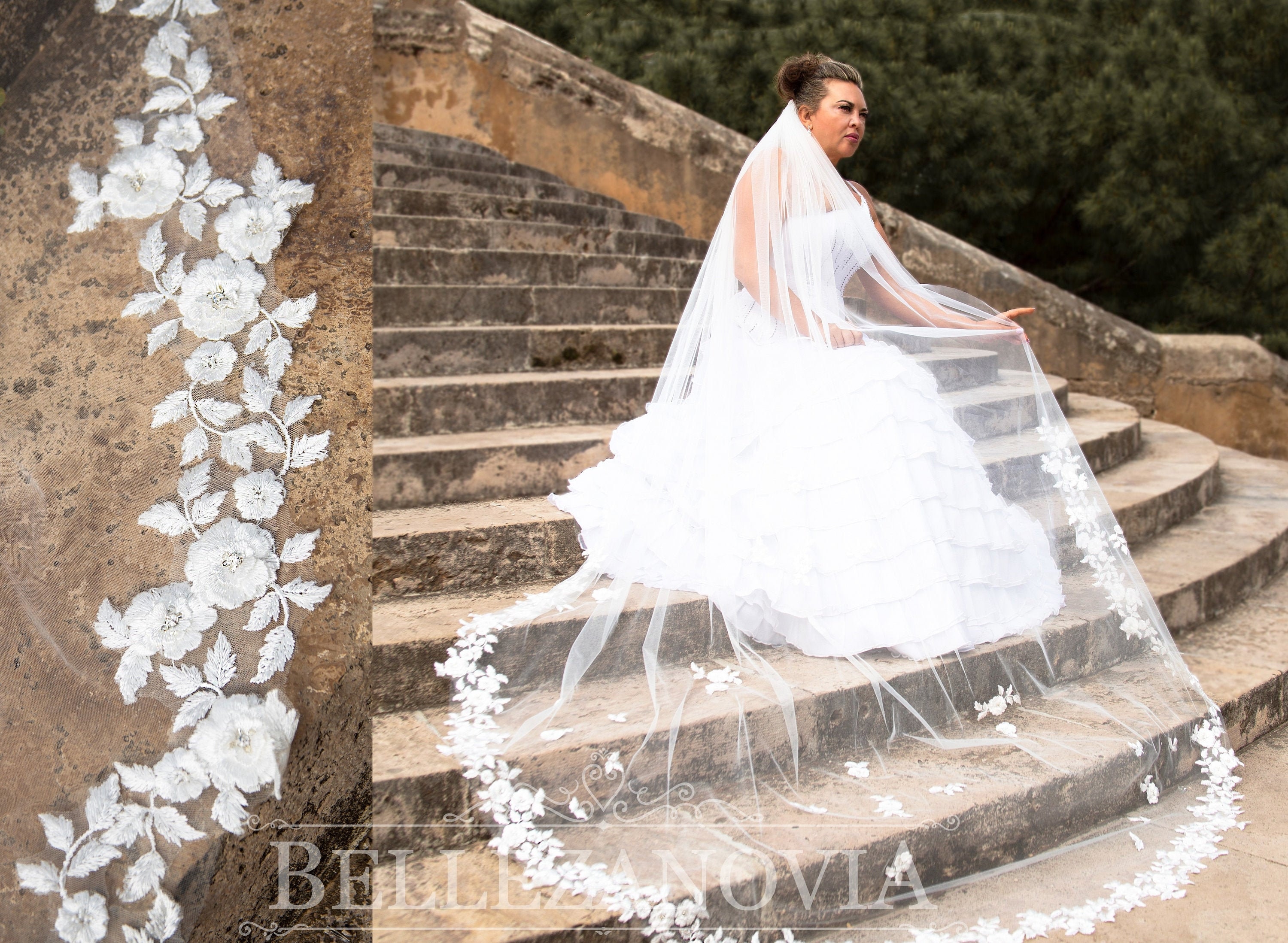 Floral Lace Applique Cathedral Bridal Veil 118 Inch Long Wedding Veil with Metal Comb for Brides