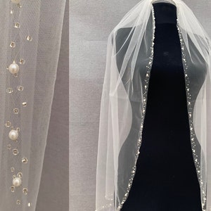 Beaded Wedding veil One tier Bridal Veil Fingertip veil beaded veil Light Ivory bridal veil Pearls Edge Veil Cathedral Pearl Bridal Veil