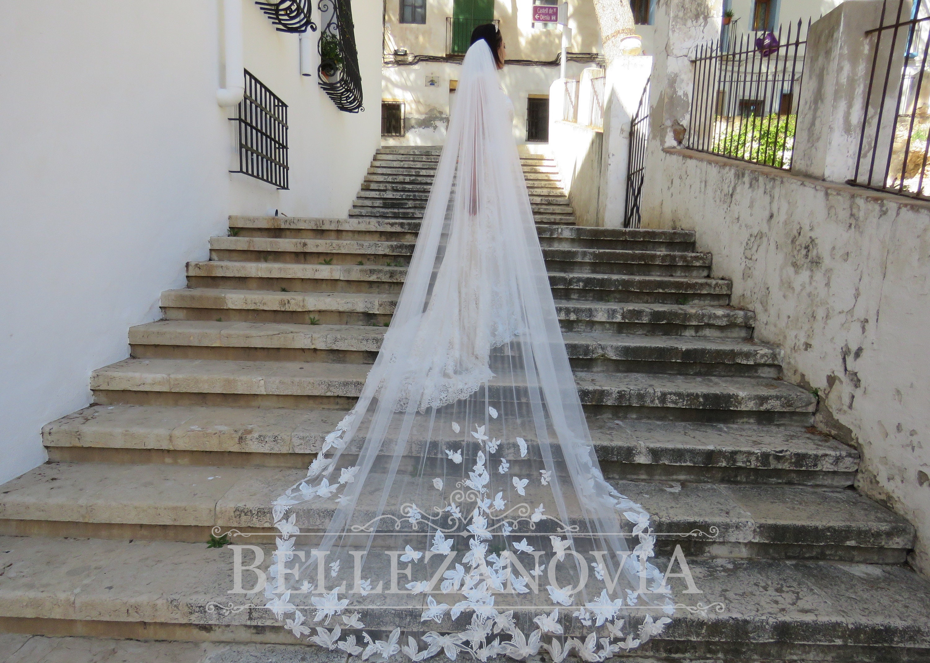 Velo de novia con encaje/Velo largo de encaje hasta suelo/Velo bohemio  Nueva colección/Velo de una capa/Borde de encaje floral/Velo blanco -   España