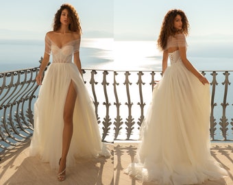 Off shoulder wedding dress and slit A-line Strapless Wedding Dress Slit Floor Length Bridal Gown High Slit Wedding Dress Aline wedding Dress