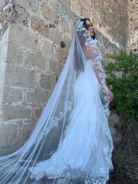 Cathedral Mantilla Veil with Eyelash Lace Trim, Lace Wedding Veil