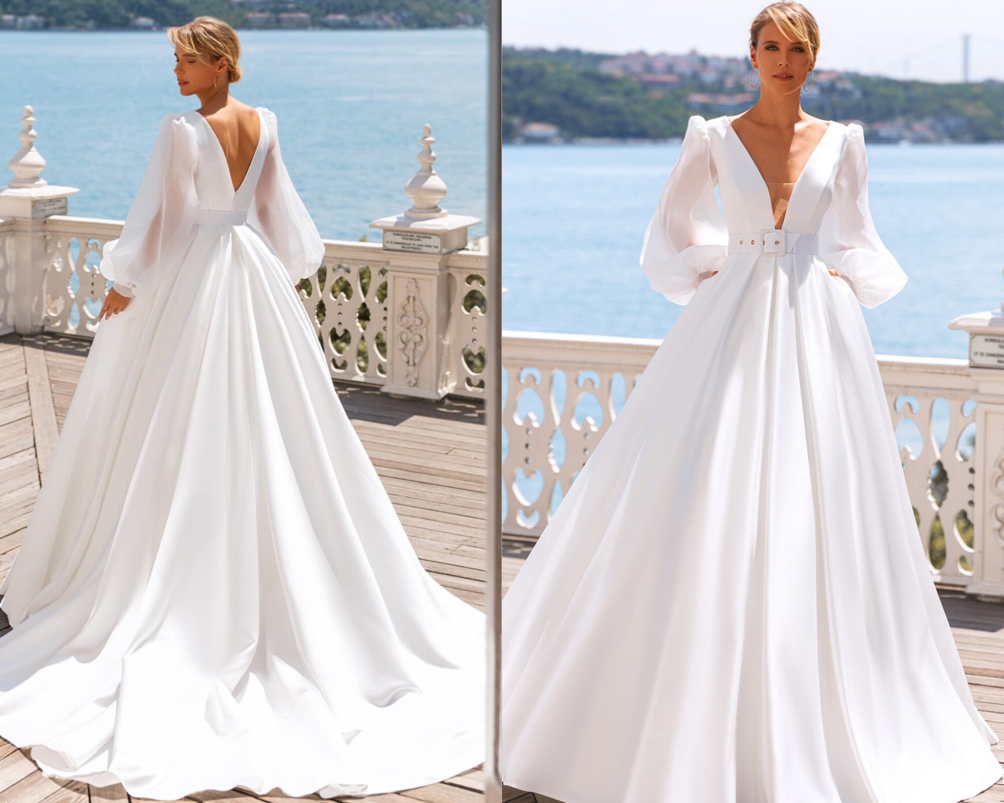 Royal Open Back Wedding Dress Long Sleeve Satin Dress Neckline ...
