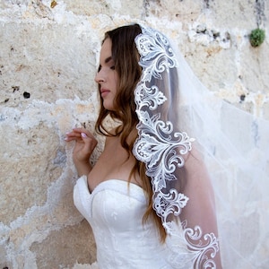 Mantilla Veil embroidery, One Tier Veil, Cathedral Wedding Veil, Bridal Veil, Ivory Veil, Romantic Wedding veil, Embroidery Veil 3-0028.2