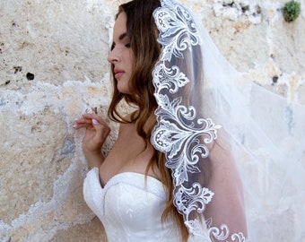 Mantilla Schleier Stickerei, Schleier Spitze, Hochzeitsschleier, Brautschleier, Brautschleier, Ivory Schleier, Romantischer Hochzeitsschleier 3-0028.2