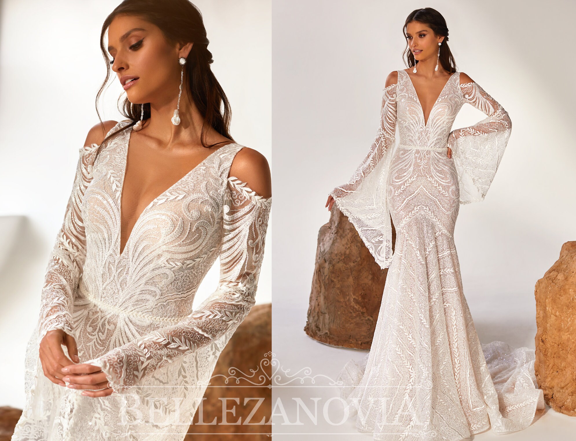 Mermaid Wedding Dress Flower Lace Wedding Dress Long Sleeve Wedding Dress Backless Wedding Dress Bridal Dress with Sleeves Dress Plus Size