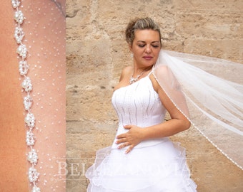 Velo largo brillante, velo de novia brillante, velo de novia catedral brillante con perla, velo de novia brillante con punta de dedo de 1 nivel con cuentas brillantes