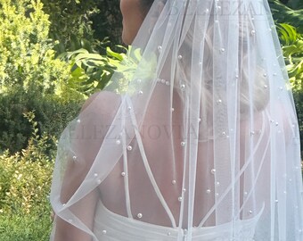 Velo de perlas con puntas de los dedos, velo de perlas para bodas, velo de novia con puntas de los dedos con perlas, velo de novia con perlas para capilla, velo de novia con perlas dispersas