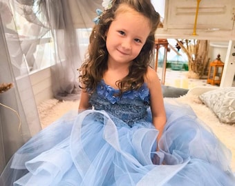 Odizli Vestito Bambina con Fiori, in Tulle, per Prima Comunione, Matrimonio, Damigella d'Onore, Abito Lungo da Sera per Compleanno, Natale, Arcobaleno, 6-7 Anni