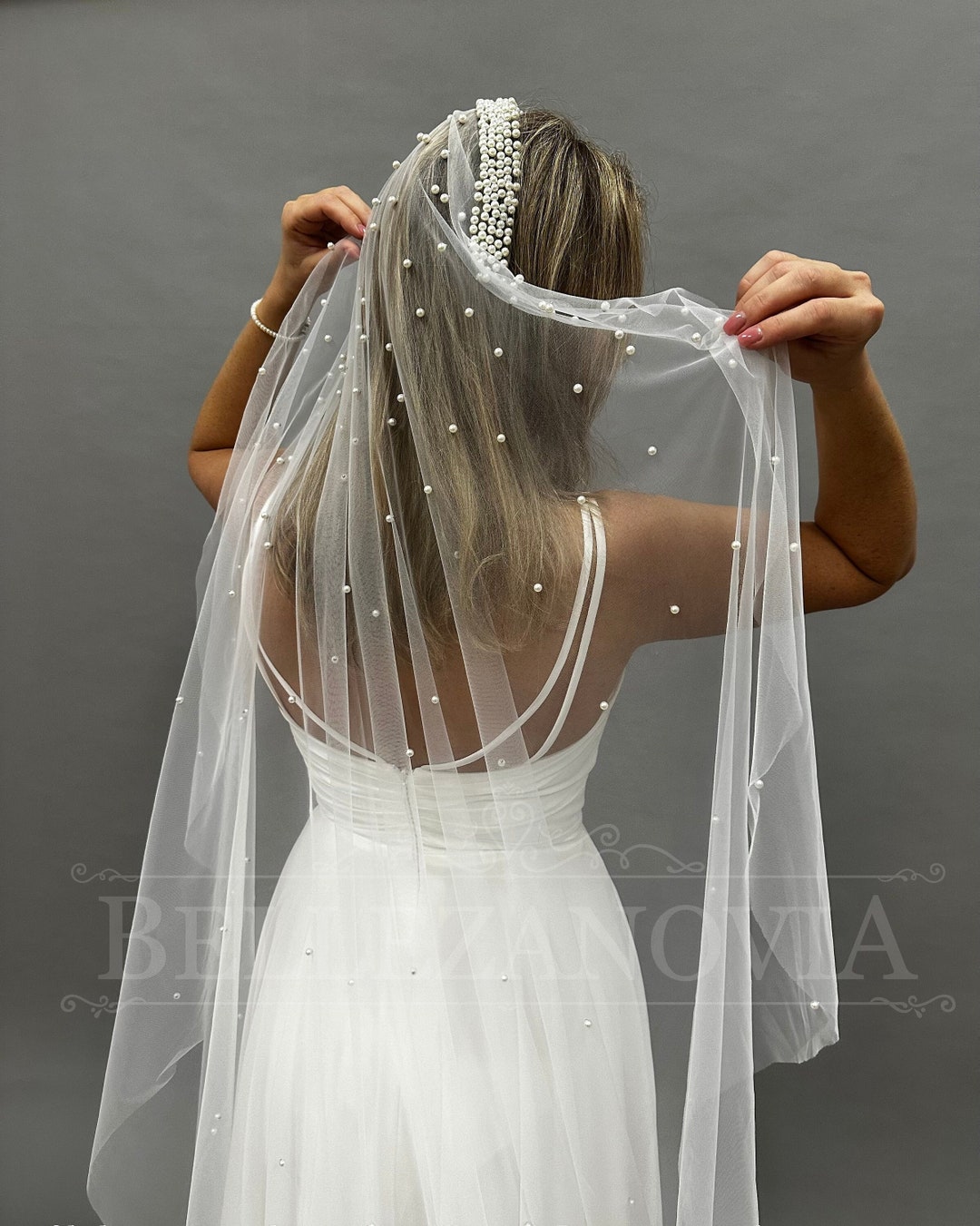 Pearl-Embellished Bridal Veil - Ivory Tulle Silk Tulle Pearl-Embellished Chapel Veil | David main image 3