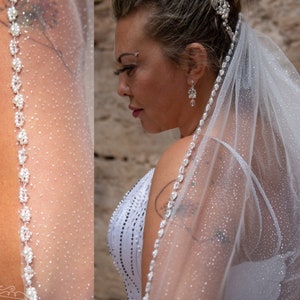 Sparkling fingertip veil, Beaded wedding veil glitter, Cathedral long veil, One tier crystal veil, Sparkly cathedral veil, Veil with crystal