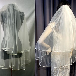 Satin Ribbon Bridal Veil, Wedding Veil, Satin Veil, White Ivory Veil, Classic Elegant Veil, Hip Lenght, Two Layers Veil Satin trim veil 1017