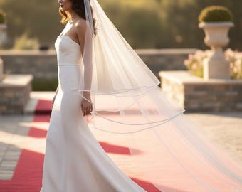 Two Tier Satin Trim Cathedral Veil/Satin Ribbon Cathedral Veil/Cathedral Veil with Blusher/Two Layer Chapel Length Veil/Wedding Veil - 1017