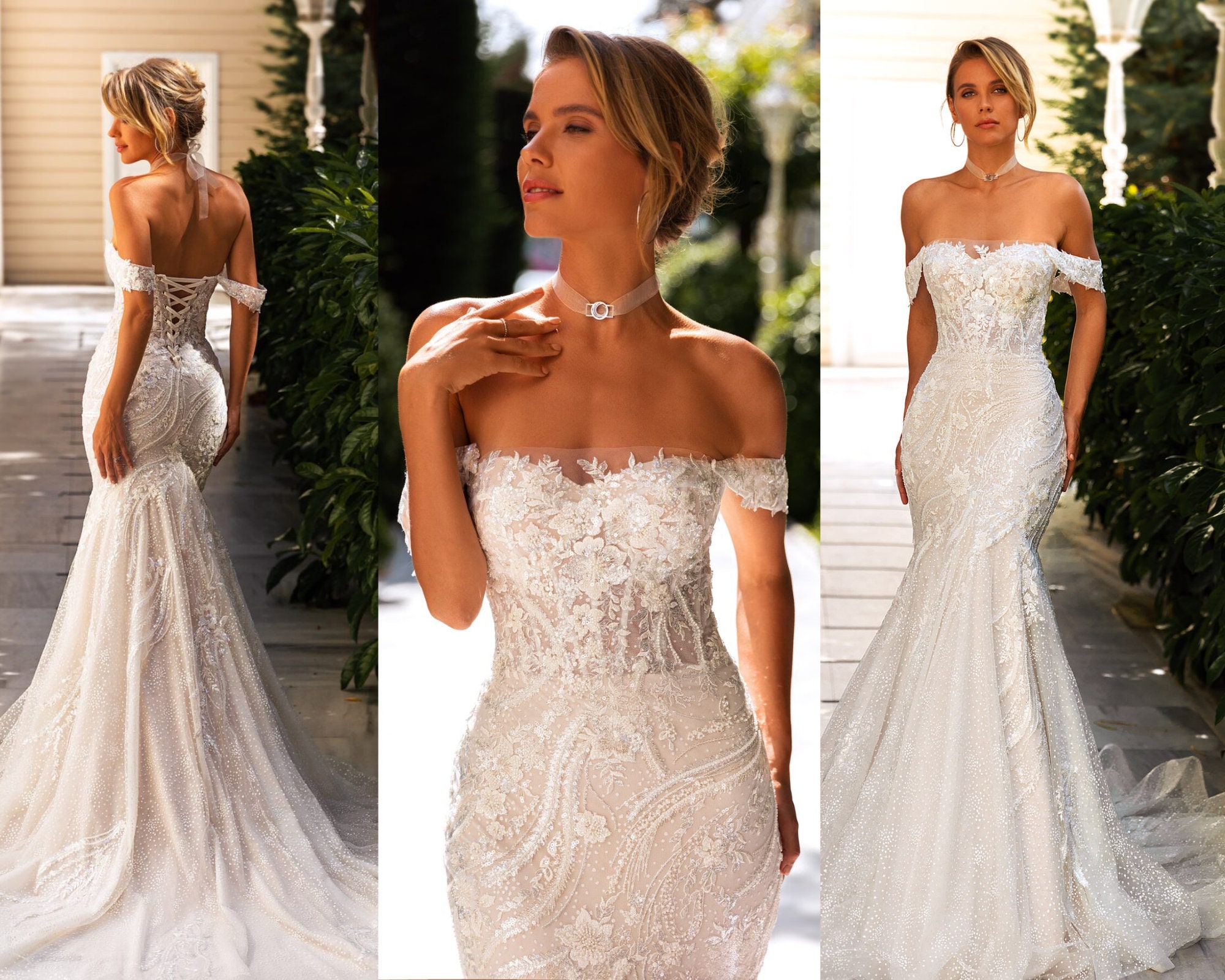 Mermaid Wedding Dresses with Detachable Train Square Neck Lace Bridal  Dresses