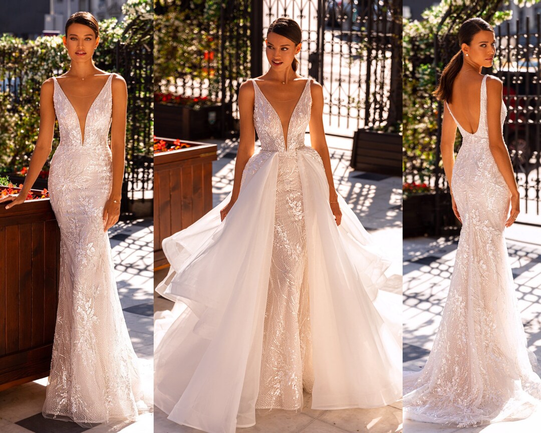 Mermaid Wedding Dress With Detachable Skirt, off Shoulder Lace Wedding