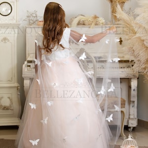 Flower girl dress with a cape First Communion dress Tulle dress for girls Birthday party outfit First Communion dress Wedding dress for girl