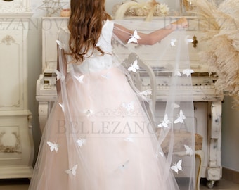 Vestido de niña de flores con capa Vestido de primera comunión Vestido de tul para niñas Traje de fiesta de cumpleaños Vestido de primera comunión Vestido de novia para niña