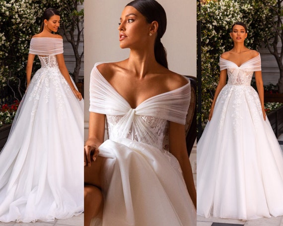 Elegant Two-Piece A-Line Tulle Wedding Dress with Off-Shoulder Long Sleeved  Top