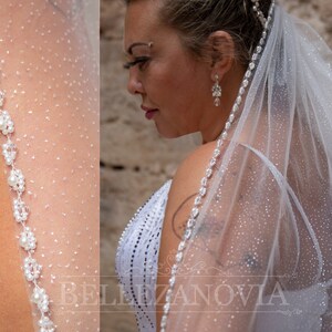 Glitter wedding veil, Sparkle long veil, Cathedral glitter wedding veil with Pearl, Fingertip veil glitter 1 Tier Beaded bridal sparkle Veil