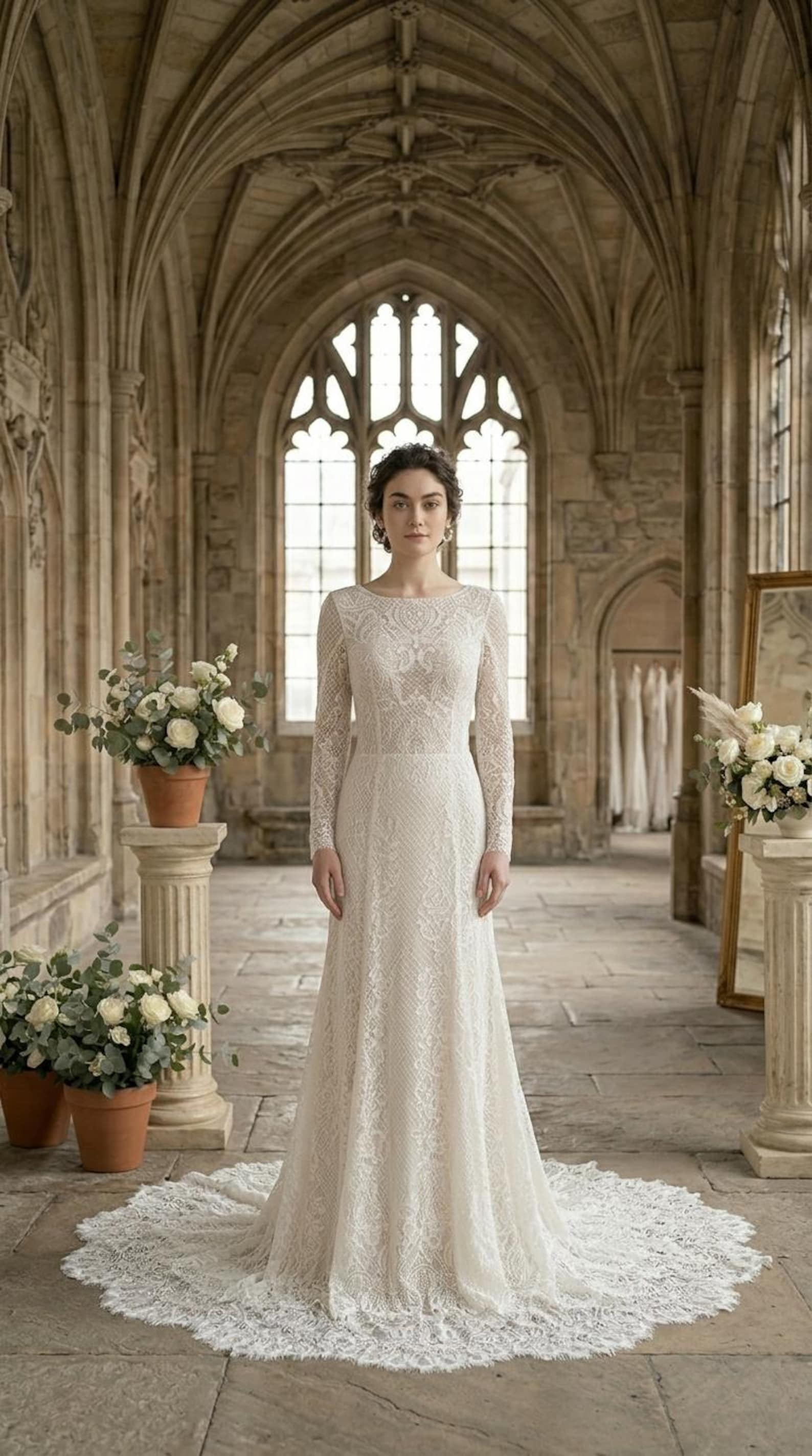 Lace Wedding Dress Long Sleeve Bridal Gown Vintage Style Sheath Wedding ...