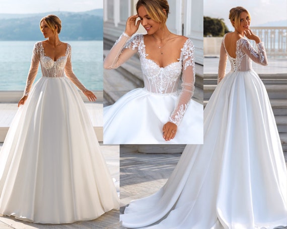 Satin A-line White Sleeves Wedding Dress Long Wedding Dress With