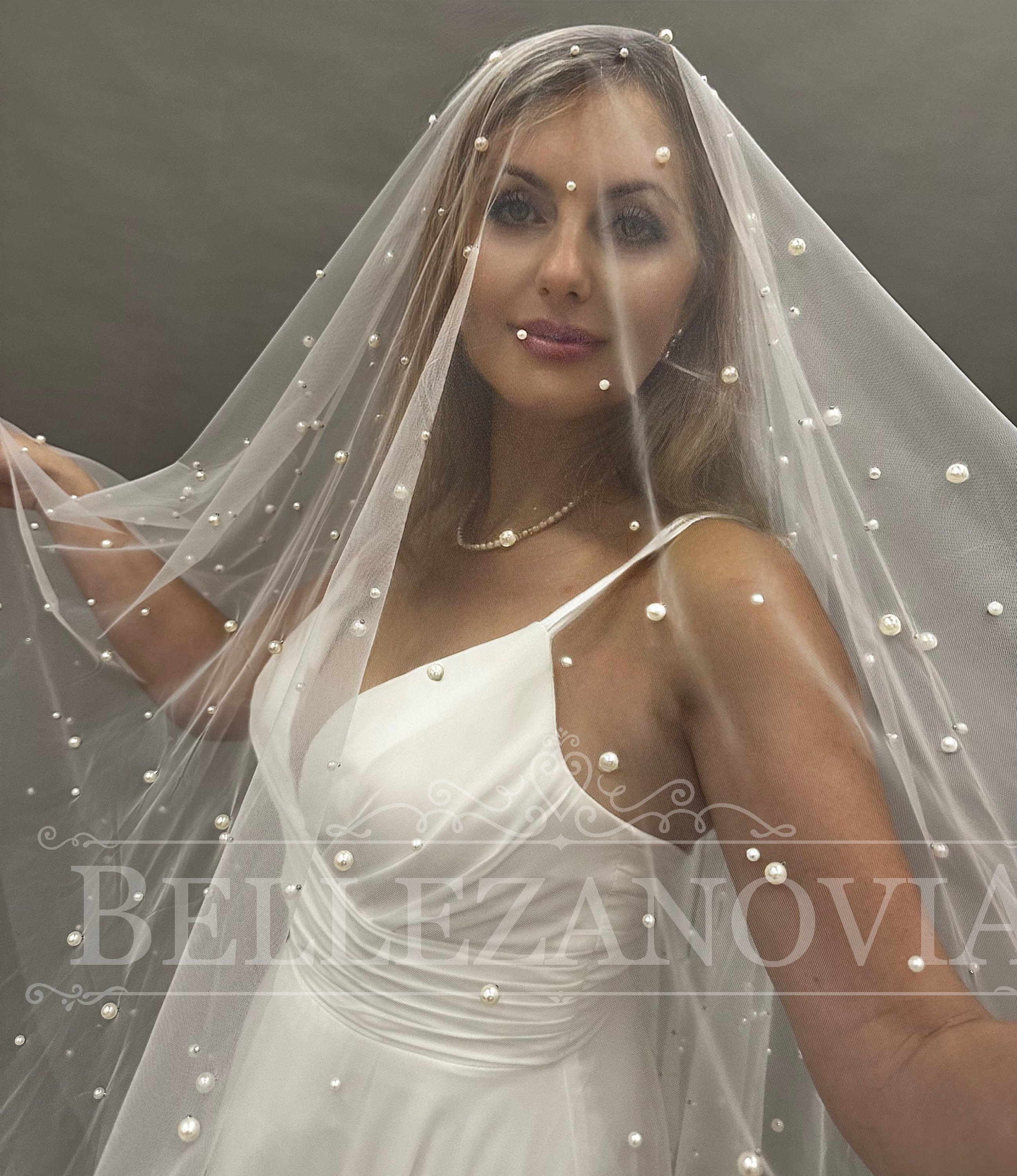 Twigs & Honey Pearl Bridal Veil - Evenly Spaced Small Pearl Veil - Style #969 Light Ivory / 26 Blusher