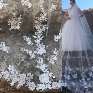 Flower wedding veil, Cathedral veil, Floral veil, Lace edge bridal veil, Celestial Flower Lace Embroidery Veil, Bohemian Wedding Veil 900230