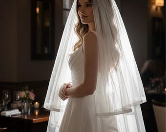 Two Tier Shimmer Wedding Veil with Glitter Ribbon Edge, Sparkling Tulle Bridal Veil with Comb, Elegant Double Layer Blusher Veil for Bride