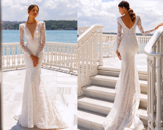 Mermaid Long Sleeve Wedding Dresses Lace Appliques Court Train Bridal Gowns