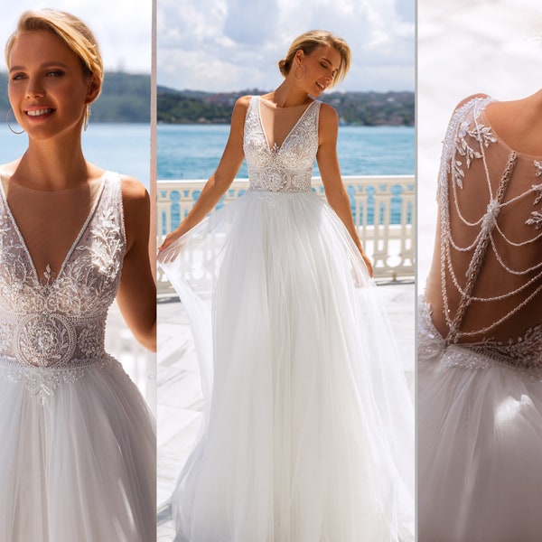 Robe de mariée trapèze, Robe de mariée à décolleté plongeant, Robe de mariée dos nu, Robe de mariée de plage simple, Robe de mariée trapèze sans manches en tulle